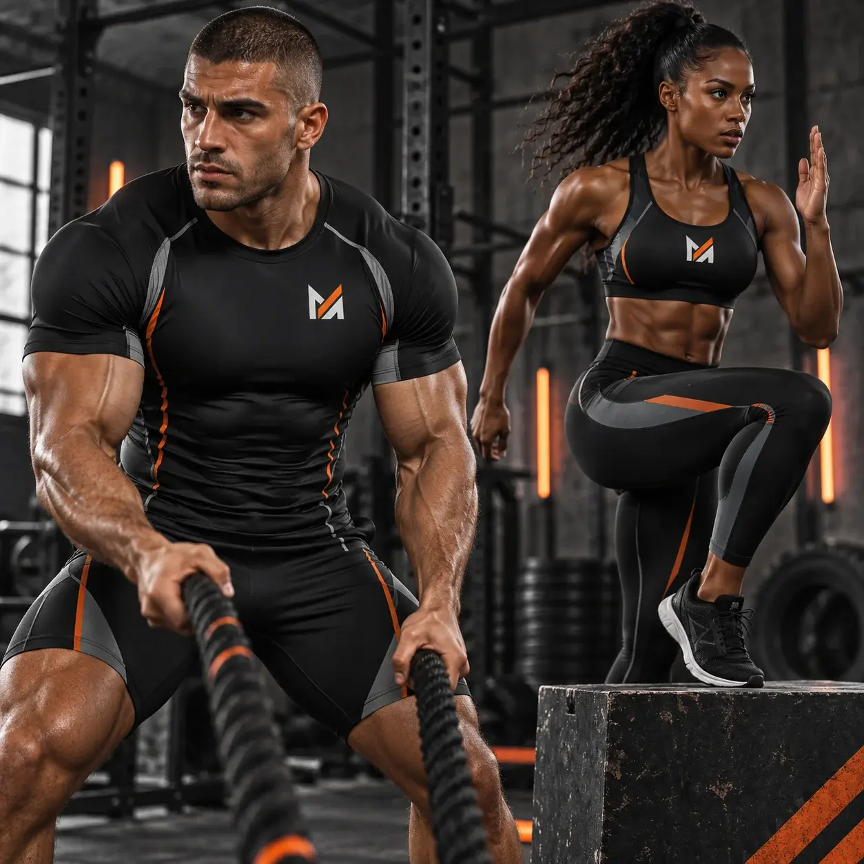 Two athletes wearing black custom compression wear with gray and orange accents and Mega Apparel branding, training with battle ropes and a plyometric box in a modern gym.